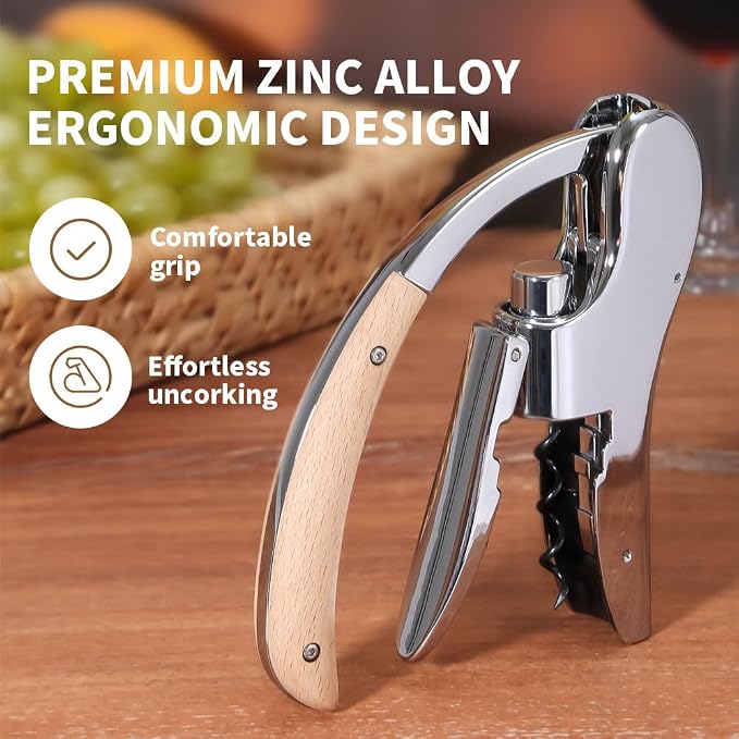 Rabbit Wine Opener, Lever Style Wine Bottle Opener with Wooden Handle, Professional Stainless Steel Corkscrew with Foil Cutter, Wine Gift Set