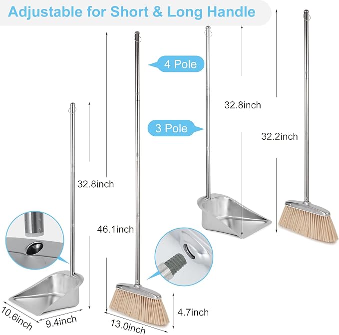 VOOWO Broom and Dustpan Set for Home, Stainless Steel Broom and Dustpan Set with Long Handle, Heavy Duty Dustpan Broom Set Standing Dust Pan Kitchen and Home Indoor Outdoor Broom