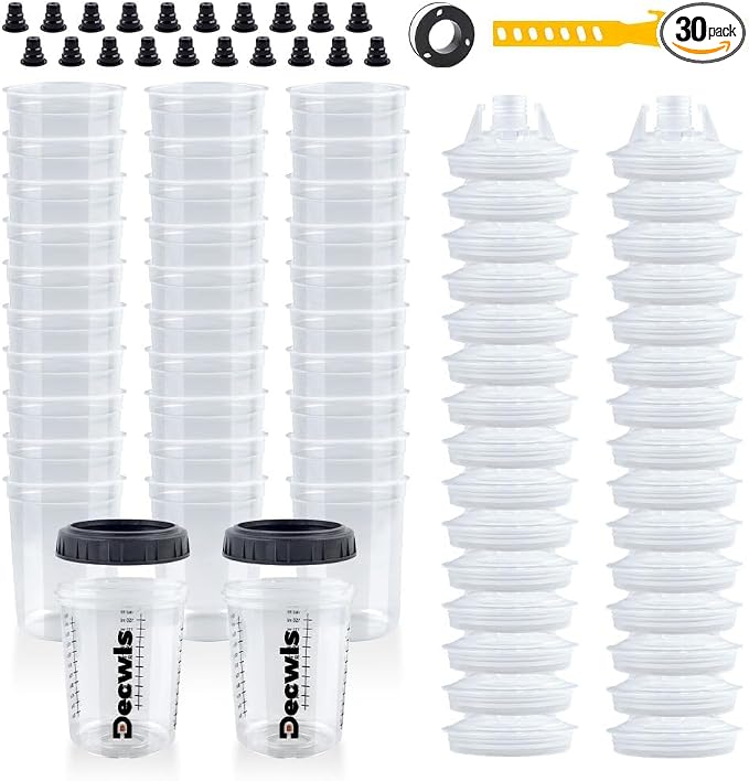 6 oz Disposable Paint Cups, 30 Mini Paint Cups with Lids and Liners | 125-Micron Filter, 2 Hard Cup with Retainer Ring, 20 Plugs, 1 Stirrer, 1 Seal Tape, Kit for HVLP/LVLP Spray Gun