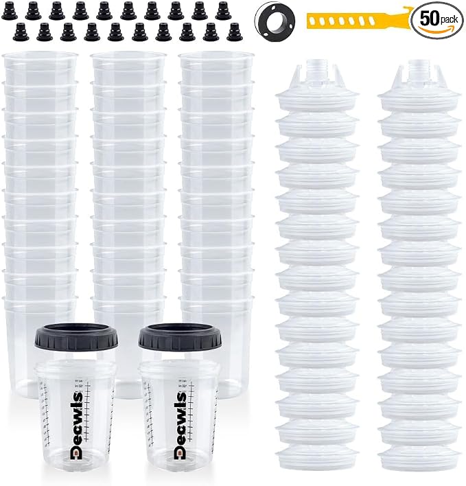 6 oz Disposable Paint Cups, 50 Mini Paint Cups with Lids and Liners | 125-Micron Filter, 2 Hard Cup with Retainer Ring, 20 Plugs, 1 Stirrer, 1 Seal Tape, Kit for HVLP/LVLP Spray Gun
