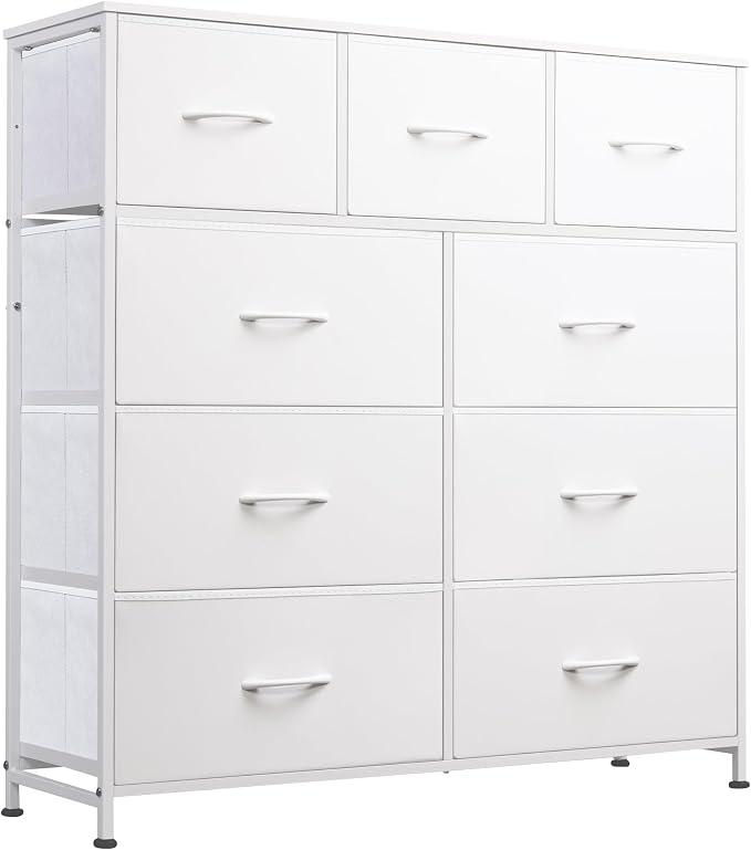WLIVE 9-Drawer Dresser, Fabric Storage Tower for Bedroom, Hallway, Closet, Tall Chest Organizer Unit for Bedroom with Fabric Bins, Steel Frame, Wood Top, Easy Pull Handle, White