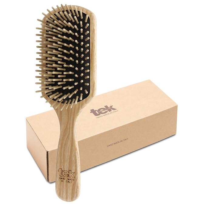 TEK | Rectangular Wooden Hair Brush Big with Short Rounded Teeth in Natural Ash Wood, Ideal for Detangling, Styling and Daily Care of Short to Medium-Lenght Hair | 22x6cm | Handmade in Italy