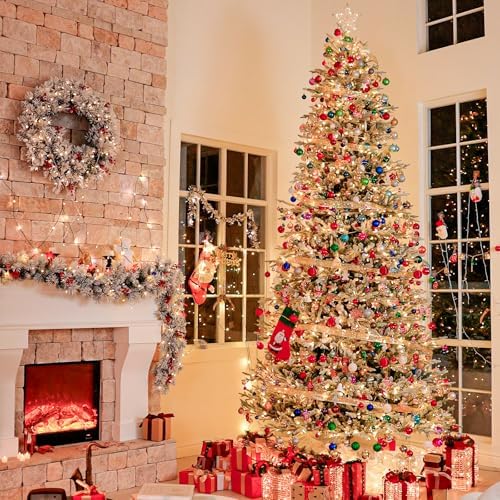 Hykolity 12 ft Prelit Flocked Christmas Tree with 850 Warm White LEDs