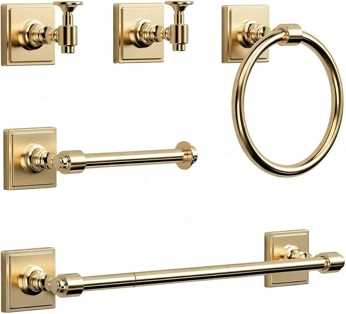 VEHCIL Champagne Gold Bathroom Towel Bar Set, 5 Piece Bathroom Hardware Accessory Set, SUS304 Stainless Steel 24" Towel Rack Holder Set for Bathroom, Wall Mounted