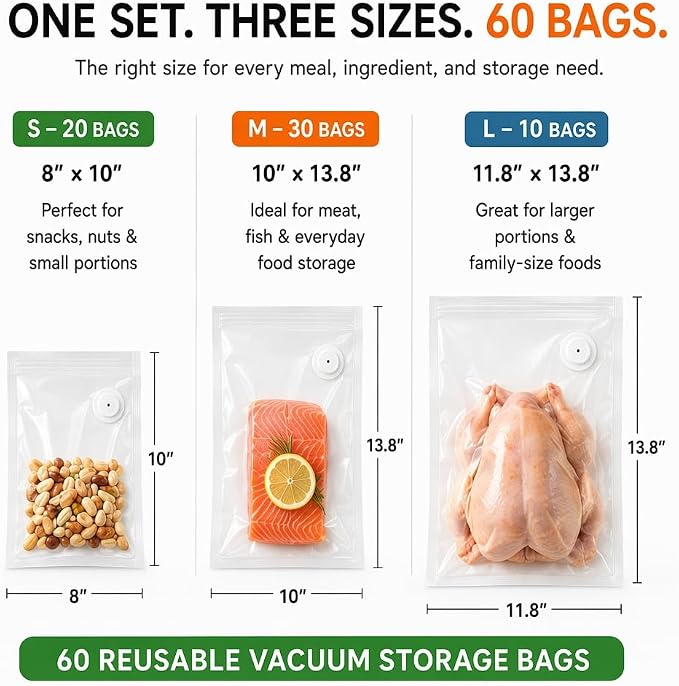 Vacuum Sealer Bags for Food, 60 Pcs Reusable Food Storage Bags, S+M+L Sizes, Air Valve Zipper Bags for Meal Prep, Freezer, Sous Vide & Microwave Storage