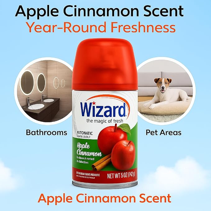 Wizard Automatic Spray Refill – Apple Cinnamon, 5 oz (12 Pack) | Compatible with Air Wick Freshmatic & Glade Dispensers | Long Lasting Odor Neutralizer for Home & Office