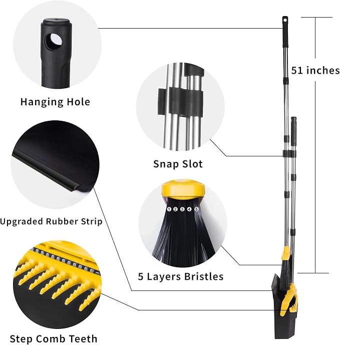 Tiumso Broom with Dustpan Combo Set, Brooms and Dustpans Sets with 51'' Long Handle, Large Dust Pan and Broom, Self-Cleaning Dustpan Teeth for Lobby Kitchen Office - Black and Yellow