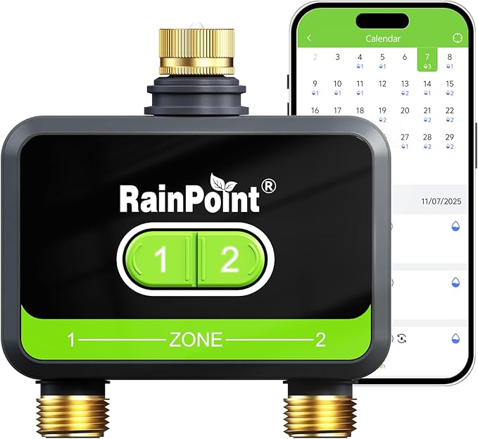 RAINPOINT Smart Water Timer, Smart Hose Timer 2 Outlet with Brass Inlet & Outlet (Not Gateway), Wireless Sprinkler Controller with Rain Delay, Automatic Irrigation System for Lawns and Yard