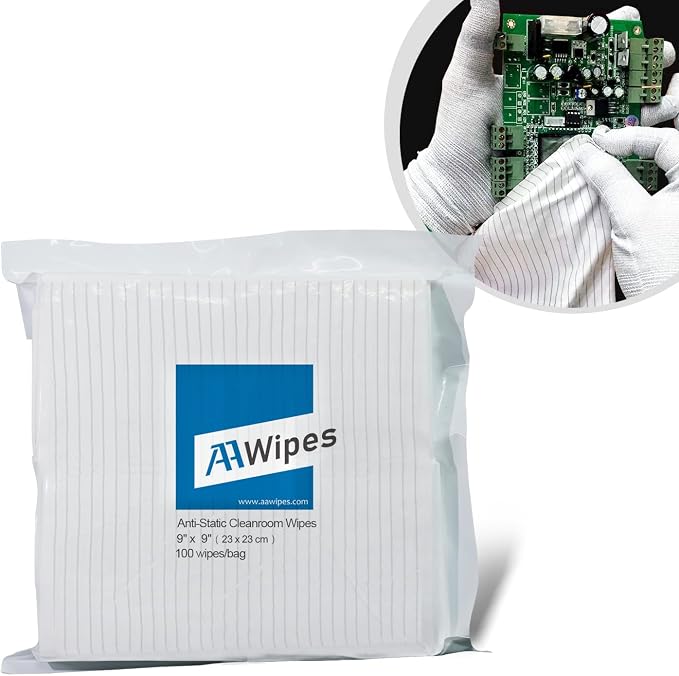 AAWipes ESD-Safe Wipes (9"x9", 100 pcs) - Lint-Free Cleanroom Cloth Wipers, Polyester-Carbon Blend (CE16009)