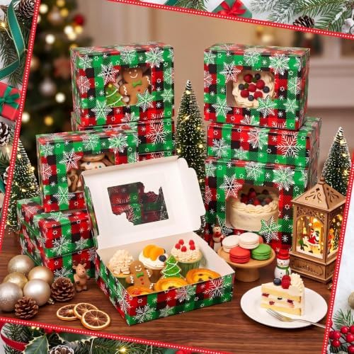Tenceur 24 Pcs Christmas Cookie Box Window,8.7 x 5.8 x 2.8'',Snowy Plaid