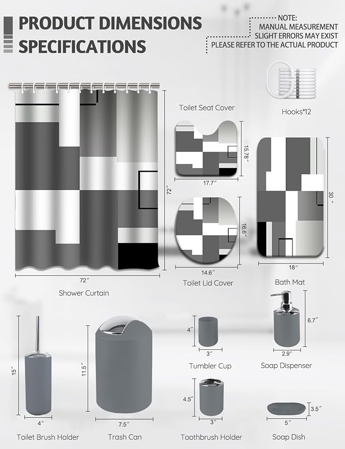 Lnond Grey Bathroom Set, 22-Piece Orange Geometry Bathroom Decor Set with with Shower Curtain and Rugs, Trash Can, Toilet Brush Holder Set & Soap Dispenser