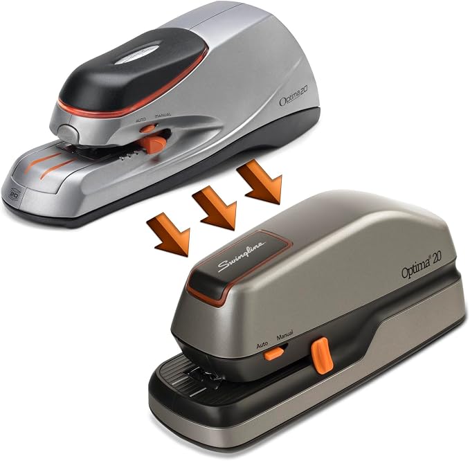 Swingline Electric Stapler, 20 Sheet Capacity, Optima 20, Jam Free, Auto or Manual, Plug In or Battery, Silver (48208)
