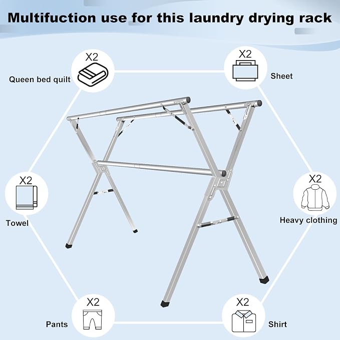 Sarahipe Sillars Clothes Drying Rack, 79 inches Laundry Drying Rack Clothing Foldable & Collapsible Stainless Steel Heavy Duty Clothing Drying Rack with Windproof Hooks for Indoor Outdoor