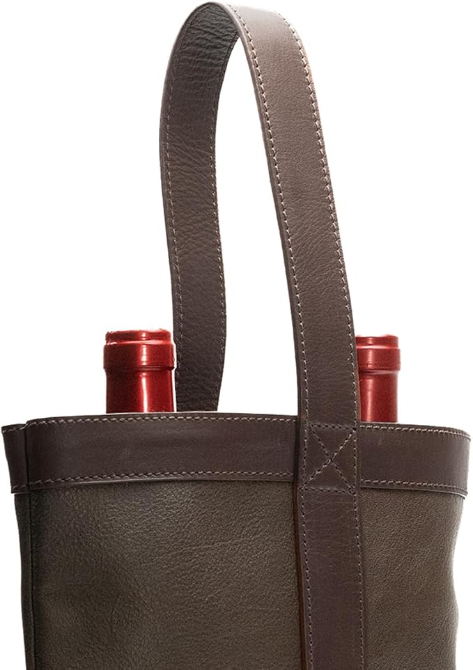 Double Wine Carrier Bag – Leather Wine Tote for Two Bottles with Handles & Metal Buckle – Protective Carrier for Picnic, Wine Champagne Gift Bag (Moka)