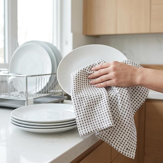 Urban Villa Christmas Dot Check Kitchen Towels Set of 6 20X30 Inches 100% Cotton Highly Absorbent Kitchen Towels Premium Quality Ultra Soft Mitered Corners Towels Grey/White