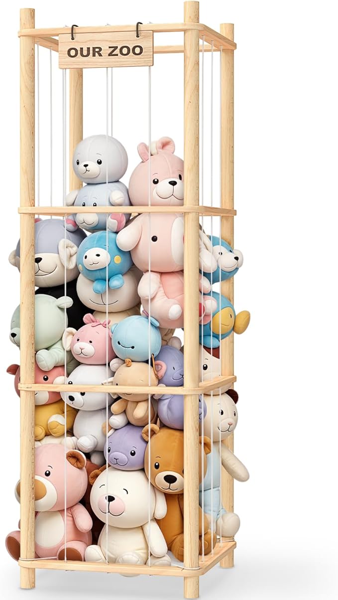 Woodure Stuffed Animal Storage & Organizer, Wooden Cute Zoo Toy Holder for Toddler Rooms, Playrooms & Bedrooms
