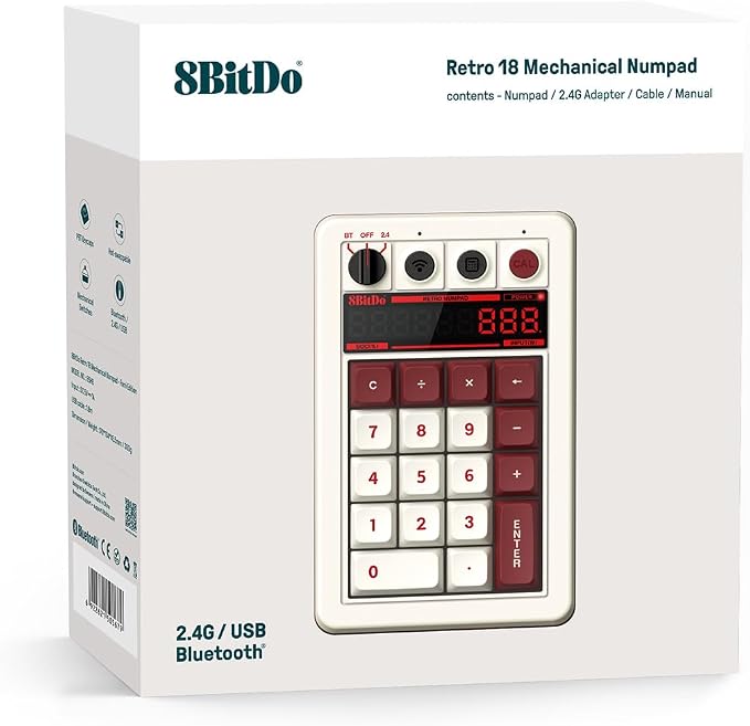 8BitDo Retro 18 Mechanical Numpad, Supports Calculator Mode, Bluetooth/2.4G/Wired Numpad for Windows and Android - Fami Edition
