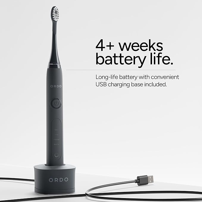 ORDO Sonic+ Electric Toothbrush for Adults, Advanced Tech, 4 Brushing Modes, Fast Rechargeable, Sonic Toothbrushes Over 4 Weeks Battery Life, Silicone Polishing Element, USB Charger, Charcoal Grey