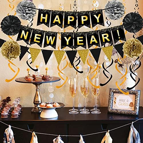 Fecedy Happy New Year Set Black Banner with Gold Black Paper Flag Bunting Swirl Streamers & Pom Poms for Happy New Year Party Decorations