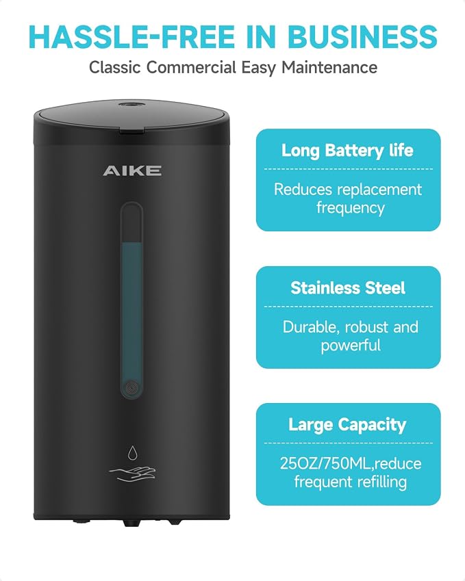 AIKE Automatic Liquid Soap Dispenser,25oz Capacity for Bathroom,Matteblack | No-Drill and Screw Wall Mount Install Design for Space-Saving,4*AA batteries(Not Included) Ensure Long Standby,Model AK1205E