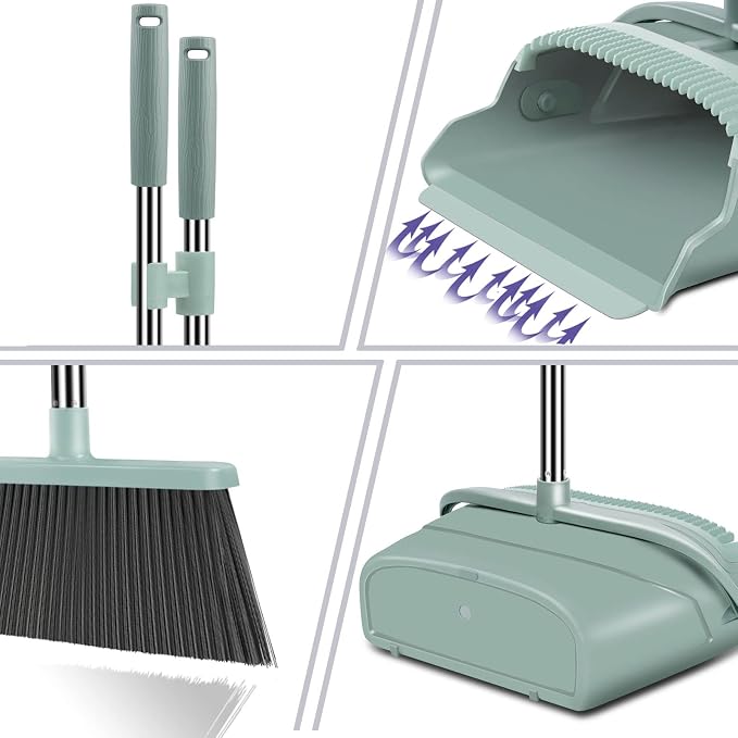 Upgrade Broom and Dustpan Set, Large Size and with Long Handle, Upright,Ideal for Indoor Outdoor Garage Kitchen Room Office Lobby Use (Green)