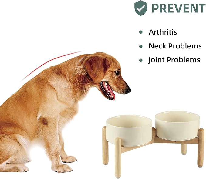 Havniva Elevated Dog Bowls Ceramic Dog Bowls with Stand, Dog Food Bowl | 7.3” Raised Dog Bowls with Non-Slip Wood Stand, Dog Food and Water Bowl Set, Double Dog Feeding Bowls for Medium Dogs