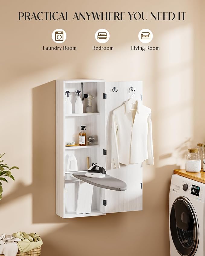 Wall Mounted Ironing Board Cabinet with Storage, White | Folding Ironing Board Cabinet with 180° Swivel Heat-Resistant Cover Pad for Laundry Room Apartment Small Space, Space-Saving