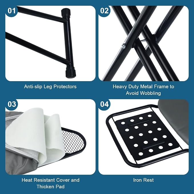 58"x15" Ironing Board Full Size, Heat Resistant Cover Iron Board with Steam Rest, Ultra Thick Padding, Height Adjustable Heavy Sturdy Metal Frame Legs Ironing Stand,Non-Slip Foldable (Square Rest)