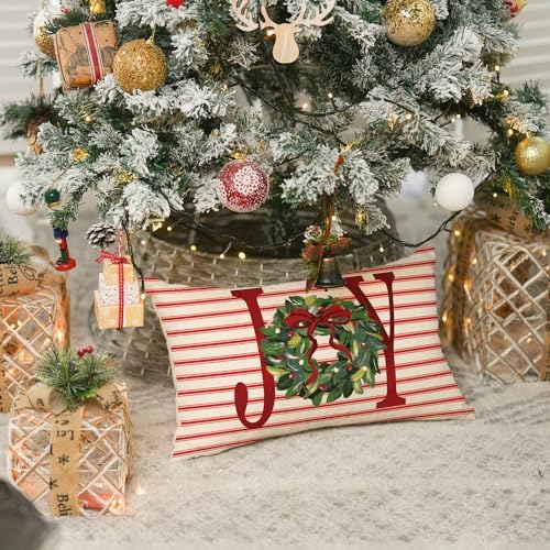 AVOIN colorlife Merry Christmas Let It Snow Joy Stripes Gift Box Red Throw Pillow Covers, 12 x 20 Inch Xmas Tree Holiday Cushion Case Decoration for Sofa Couch Set of 4