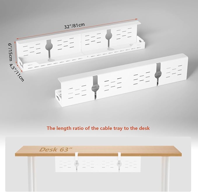 Univivi Under Desk Cable Management Tray - 32" Steel Cord Organizer, No-Drill C-Clamp & Screw Mount for Office/Home, Effortless Wire Management (White)