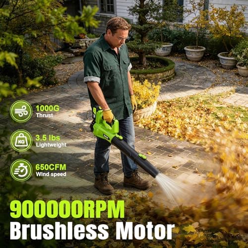 Leaf Blower Cordless 650CFM with 2x4.0Ah Battery & Fast Charger, Lime Green
