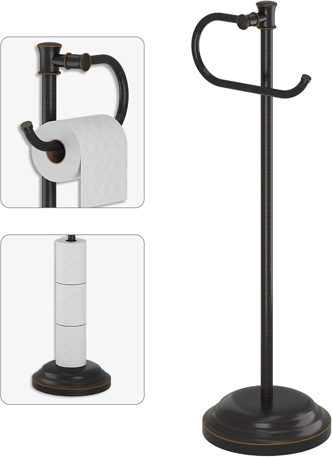 BESy Toilet Paper Holder Free Standing Bathroom Toilet Tissue Holder Stand for Floor Toilet Paper Roll Holder with Storage Hardware Accessories Rack Hand Towel Bar Oil Rubbed Bronze Stainless Steel