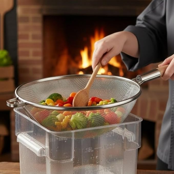 Soro Essentials- 14" Stainless Steel Double Fine Mesh Reinforced Strainer with Wooden Handle- Kitchen Utensil Food Strainer for Cooking Sieve Sifters Rice Quinoa Pasta Fruits Vegetable