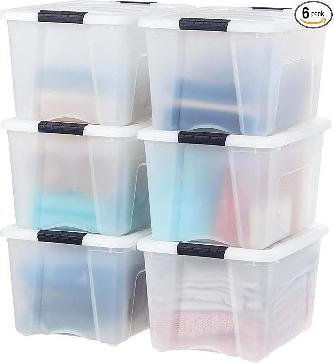IRIS USA 40 Qt Stackable Plastic Storage Bins with Lids, 6 Pack - BPA-Free, Made in USA - Discreet Organizing Solution, Latches, Durable Nestable Containers, Secure Pull Handle - Pearl