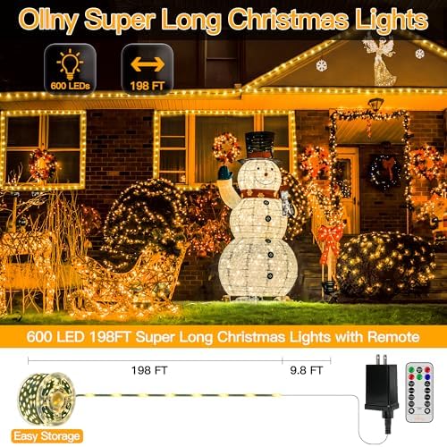 Ollny 198FT 600LED Outdoor Christmas Lights with Remote, 8 Modes Warm White