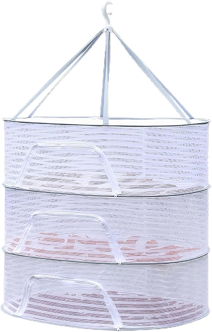 Foldable Drying Net for Vegetables, Fish, and Dehydrated Goods, Multi-tiered Food Drying Net, Versatile Drying Rack, Windproof Design, Zipper Closure for Insect Protection (White, Triple Layer)