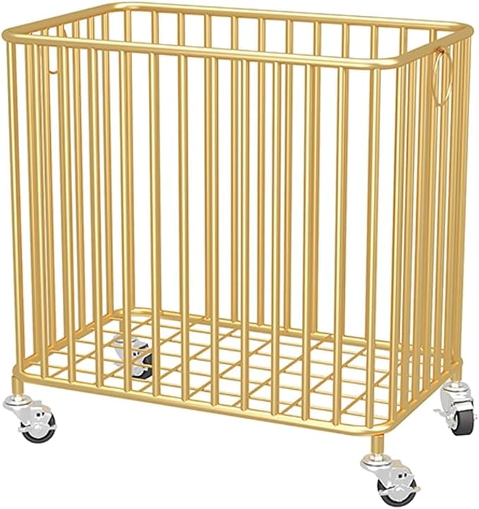 Gold Laundry Basket, Metal Laundry Hamper with Wheels, Rolling Storage Cart, Large Capacity Clothes Organizer, 77Lbs Load, Modern Hollow Design for Bedroom, Bathroom, 15.7x9.8x15.7In