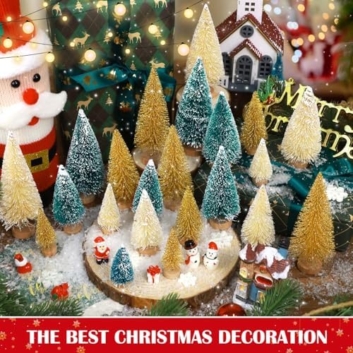 30Pcs Mini Christmas Trees, Artificial Christmas Tree Bottle Brush Trees Christmas with 5 Sizes, Sisal Snow Trees with Wooden Base for Christmas Decor Christmas Party Home Table Craft