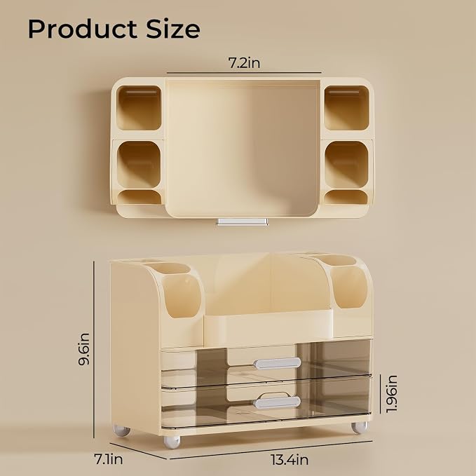 UFORU Makeup Organizer for Vanity with 2 Large Drawers, Cosmetic Display Case with Brush Holders, Easy to Storage for Bathroom Countertop Skincare, Perfume, Cream White
