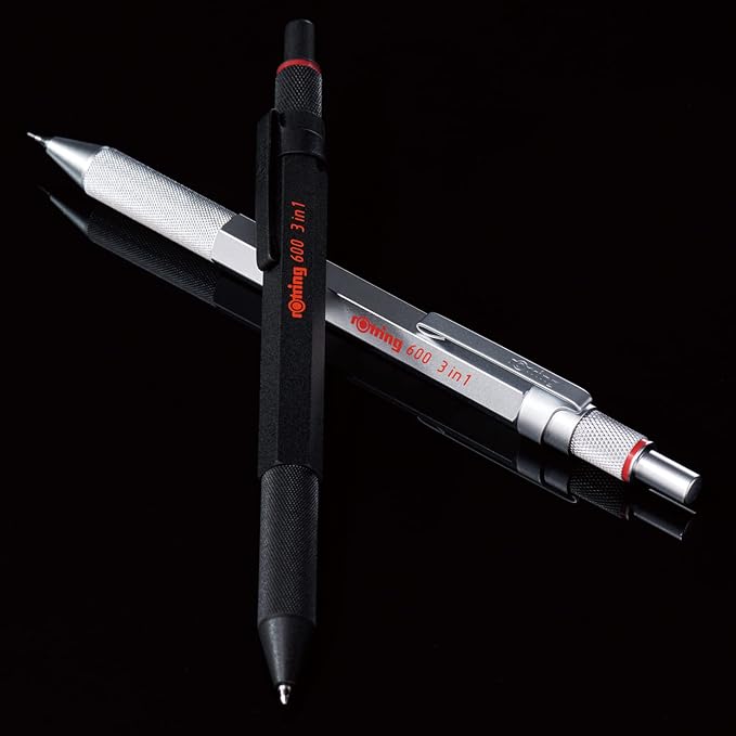 rOtring 600 3-in-1 Multicolor Pen and Mechanical Pencil, Switches Between 2 Ballpoint Pen Fine Point Tips (Black and Red Ink) and 1 Mechanical Pencil Tip (0.5mm Lead), Silver Barrel