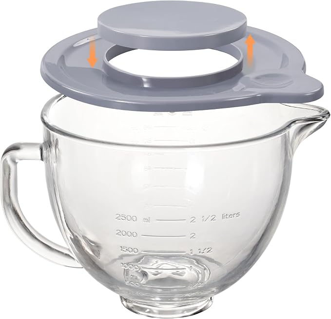 XINBOOG 5QT Glass Bowl Compatible with KitchenAid 4.5-5 QT Tilt Stand Mixer | 5Qt Glass Mixing Bowl Replacement with Lid, with Measurement Markings & Handle