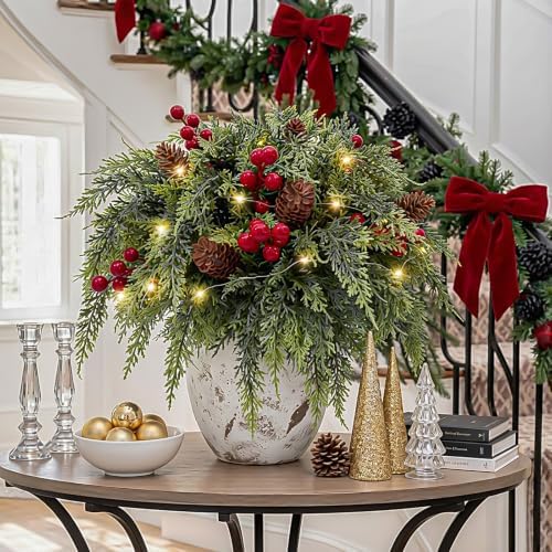 24 Piece Set: 12Pcs Christmas Cedar Branches with LED Lights, Red Berries