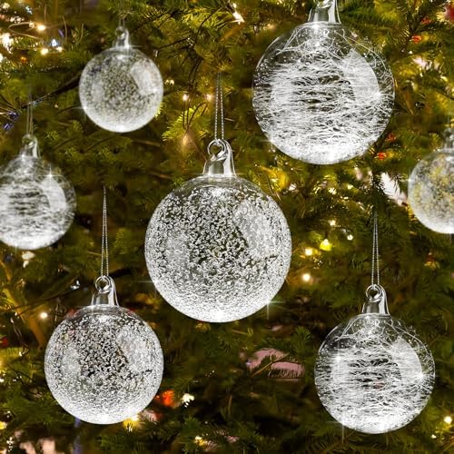 Uiifan 36 Pcs Clear Glass Christmas Ornaments Balls Bulk Blown Glass Christmas Tree Ornaments Assorted Size Iridescent Balls Xmas Tree Home Decorations (2.36 in,2.76 in,3.15 in)