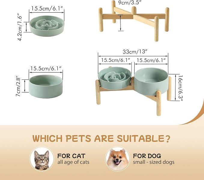 Havniva Elevated Slow Feeder Dog Bowls, Ceramic Dog Bowl Slow Feeder Set | 0.9 Cups Raised Slow Feeder Dog Bowl for Small Breed, 6.1” Dog Water Bowl with Wooden Stand, Puzzle Dog Food Bowl, Non-slip