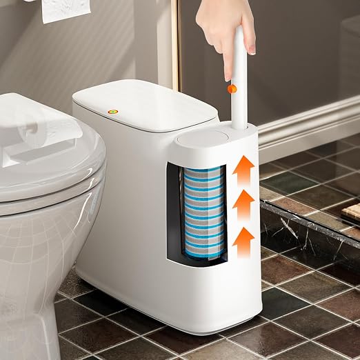 CTIME Bathroom Trash Can Set - Narrow White Plastic Small Trash can, a Toilet Wand, Toilet Brush Holder and 36 Refills, 2 Gallon Trash can with pop-up lid, Suitable for bathrooms and Small Toilets.