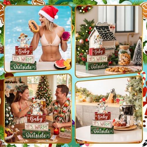 Lineshading 4 Pcs Christmas Table Decoration, Wooden Snowman Beach Sign Set