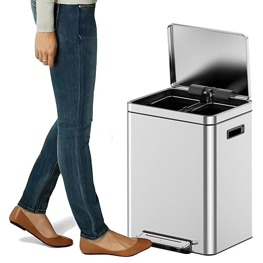 Takywep 2x9.5 Gallon Stainless Steel Trash Can with Soft-Close Lid & Foot Pedal, Rectangular Recycling Bin with 2 Removable Buckets for Kitchen, Office, Home Waste Separation