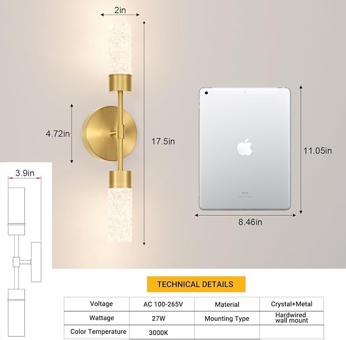 Brushed Gold Wall Sconces Set of 2, Hardwired 3000k Crystal Bathroom Sconces, Modern Sconces Wall Light Fixtures, Bathroom Vanity Light Fixtures Wall Decor Bathroom Mirror Living Room Hallway Bedroom