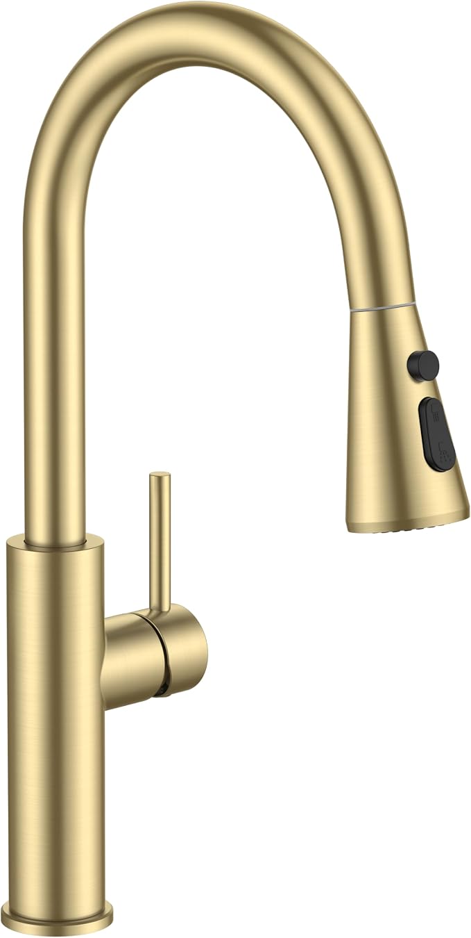 FORIOUS Kitchen Faucet with Pull Down Sprayer, High Arc Single Handle, Gold | Stainless Steel Single Lever Kitchen Sink Faucet 1 or 3 Hole, Suitable for Farmhouse, Camper, Laundry Room, Rv, Outdoor