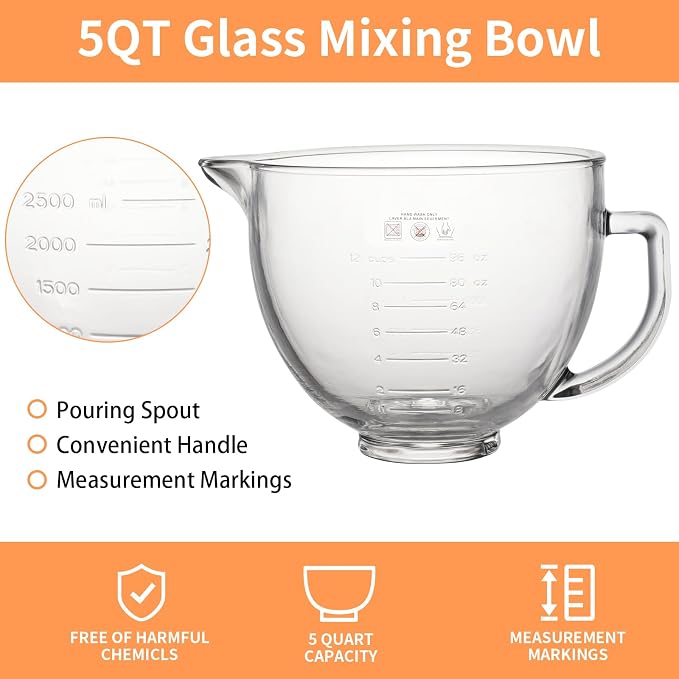 XINBOOG 5QT Glass Bowl Compatible with KitchenAid 4.5-5 QT Tilt Stand Mixer | 5Qt Glass Mixing Bowl Replacement with Lid, with Measurement Markings & Handle